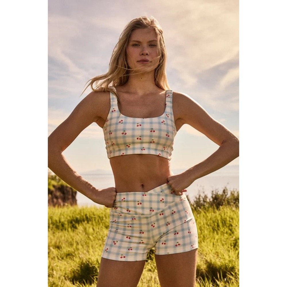 AS Revival Cherry Gingham Activewear Set Blue Crossover Shorts & Bra Top Size XS